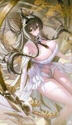 Rule 34 | 1girl, absurdres, animal ears, azur lane, bare shoulders, black hair, breasts, closed mouth, crossed bangs, from above, gloves, hair between eyes, hair ornament, hair spread out, half gloves, highres, horns, indomitable (azur lane), large breasts, long hair, looking at viewer, solo, tansuan (ensj3875), thighs, white gloves