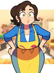 1girl apron blue_shirt breasts brown_hair collared_shirt cowboy_shot curvy earrings hands_on_own_hips highres housewife jewelry large_breasts leaning_forward lipstick long_sleeves looking_at_viewer makeup mature_female nintendo outline paldea_mother pink_lips pokemon pokemon_sv scott_falco shirt short_hair solo sphere_earrings thick_lips white_outline wide-eyed wide_hips yellow_apron yellow_eyes