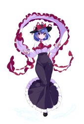 1girl absurdres ascot black_hat black_shoes black_skirt blue_hair bow breasts capelet closed_mouth collared_shirt commentary commentary_request covered_groin covered_navel english_commentary frilled_capelet frilled_shawl frills full_body hagoromo hat hat_bow highres long_skirt long_sleeves looking_at_viewer medium_hair mixed-language_commentary nagae_iku purple_hair red_ascot red_eyes second-party_source shawl shirt shoes skirt smile solo ssm_(ssm82048039) tachi-e touhou transparent_background white_shirt