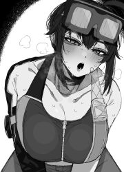 1girl bandaid bandaid_on_face blush breasts carrot_011 cleavage goggles goggles_on_head grace_howard greyscale hair_between_eyes half-closed_eyes highres large_breasts long_hair looking_at_viewer monochrome open_mouth sidelocks simple_background sketch solo sweat teeth zenless_zone_zero