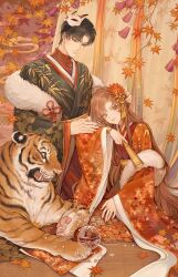 Rule 34 | 1boy, 1girl, absurdres, black hair, brown eyes, brown hair, chinese clothes, closed mouth, commentary request, cup, flower, folding fan, fur trim, hair flower, hair ornament, hand fan, highres, holding, holding fan, japanese clothes, kimono, layered clothes, leaf, long hair, long sleeves, longmianbushilongxumian, looking at viewer, maple leaf, mask, original, parted bangs, short hair, sitting, tassel, tiger, very long hair, wide sleeves