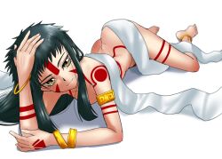 1girl ass bare_shoulders blue_hair bodypaint bracelet breasts closed_mouth earrings full_body headband jewelry long_hair looking_at_viewer neo_ranga pochiiru_(uowou) shimabara_yuuhi simple_background smile solo tribal white_background yellow_eyes