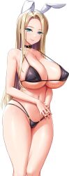 1girl absurdres animal_ear_hairband animal_ears bikini black_bikini black_choker blonde_hair blue_eyes breasts buckle cameltoe choker cleavage closed_mouth covered_erect_nipples covered_navel derauea fake_animal_ears game_cg hairband heart heart-shaped_buckle highres huge_breasts interlocked_fingers laveze_la_nacuras light_blush long_hair long_sidelocks looking_at_viewer mature_female motto!_haramase!_honoo_no_oppai_isekai_oppai_bunny_gakuen! non-web_source nontraditional_playboy_bunny official_art own_hands_together parted_bangs rabbit_ear_hairband rabbit_ears sidelocks skindentation smile solo standing star_(symbol) star_in_eye string_bikini swimsuit symbol_in_eye tachi-e transparent_background white_hairband