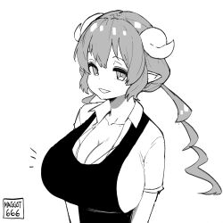 1girl absurdres apron breasts cleavage collared_shirt cropped detexted downblouse dragon_girl dragon_horns emphasis_lines employee_uniform from_above greyscale grin highres horns huge_breasts ilulu_(maidragon) kobayashi-san_chi_no_maidragon long_hair looking_at_viewer monochrome norman_maggot pointy_ears pov shirt shortstack sidelocks signature sketch slit_pupils smile teasing third-party_edit
