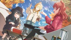 +_+ 3girls :d ^_^ autumn beanie black_hair black_hat black_pantyhose black_shirt blonde_hair blue_pants blue_sky braid camping closed_eyes closed_mouth cloud commentary_request cooking day fork frying_pan fujita_kotone gakuen_idolmaster green_eyes hanami_saki hat holding holding_fork holding_frying_pan idolmaster jacket long_hair long_sleeves misuzu0342 multiple_girls open_mouth outdoors pants pantyhose red_hair red_sweater shirt sky smile sweatdrop sweater tree tsukimura_temari twin_braids white_hat white_jacket