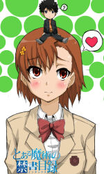 1boy 1girl :&lt; ? a_certain_high_school_uniform asymmetrical_bangs black_jacket black_pants blazer blush bow bowtie brown_hair brown_jacket chibi closed_mouth collared_shirt commentary copyright_logo copyright_name emblem flower gakuran green_background hair_between_eyes hair_flower hair_ornament halftone halftone_background heart highres jacket julioalqae kamijou_touma logo long_sleeves mini_person miniboy misaka_mikoto on_head open_clothes open_jacket orange_flower orange_shirt pants person_on_head red_bow red_bowtie red_eyes school_emblem school_uniform shirt short_hair sitting sitting_on_head sitting_on_person speech_bubble spiked_hair toaru_majutsu_no_index two-tone_background upper_body white_shirt winter_uniform
