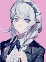 1girl black_bow black_hairband black_headband bow braid braided_ponytail closed_mouth eyelashes female_focus hair_bow hairband headband kirifuji_nozomi looking_at_viewer mole mole_under_eye pink_background purple_eyes simple_background solo solo_focus the_hundred_line_-last_defense_academy- upper_body white_background white_hair