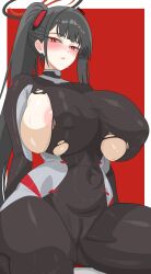 1girl absurdres areola_slip black_hair blue_archive blush bodysuit breasts cameltoe commentary covered_erect_nipples covered_navel halo highres large_breasts long_hair looking_at_viewer ponytail red_eyes rio_(blue_archive) rio_(bodysuit)_(blue_archive) sideboob sitting solo sweat torn_bodysuit torn_clothes txlyre