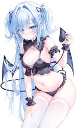 1girl armlet bare_shoulders black_bow black_bra black_panties black_ribbon black_wings blue_eyes blue_hair blush bow bra breasts demon_girl demon_tail demon_wings frills hair_between_eyes hair_bow hair_ribbon highres hiiragi_(hr_ccr) jewelry long_hair looking_at_viewer navel original panties ribbon simple_background small_breasts solo stomach tail thighhighs underwear very_long_hair white_background white_thighhighs wings wrist_cuffs