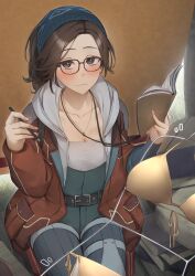 1girl alma_(monster_hunter_wilds) belt bikini black_belt blush book breasts brown_eyes brown_hair brown_jacket cleavage clothes_hanger collarbone commentary_request glasses grey_pants highres holding holding_book holding_pencil jacket jewelry long_hair monster_hunter_(series) monster_hunter_wilds necklace pants pencil pinta_(ayashii_bochi) sitting solo swimsuit unworn_bikini