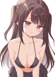 1girl :t bikini bikini_skirt black_bikini blunt_bangs blush breasts brown_hair cleavage closed_mouth collarbone frilled_skirt frills grey_eyes hair_ornament hairclip head_tilt large_breasts leaning_forward long_hair mao-chan_(uramakaron) original paid_reward_available pout red_pupils signature skirt solo swimsuit two_side_up uramakaron white_background