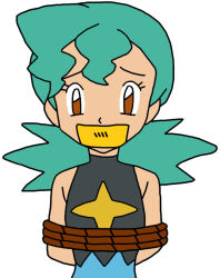 1girl aged_down bare_shoulders brown_eyes gloves green_eyes highres jenny_(pokemon) long_glove marble_(pokemon) nintendo pokemon pokemon_(anime) pokemon_dp059 pokemon_dppt_(anime) spandex striped_clothes striped_thighhighs thighhighs tied_up_(nonsexual)
