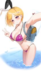 1girl absurdres aki_rosenthal alternate_costume animal_ear_hairband animal_ears backpack bag bikini blonde_hair blush breasts cleavage fake_animal_ears grin hairband highres hololive large_breasts looking_at_viewer multicolored_nails pink_bikini pixie_cut purple_eyes rabbit_ear_hairband rabbit_ears selfie short_hair smile solo string_bikini swept_bangs swimsuit tasty_(dudwofla) thong_bikini v valentine virtual_youtuber wading