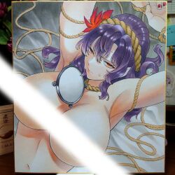 1girl absurdres armpits arms_up breasts closed_mouth completely_nude fingernails frown grey_background hair_ornament highres large_breasts leaf_hair_ornament light_censor looking_at_viewer lying medium_hair nude on_back orange_eyes purple_hair red_nails rope shikishi shimenawa solo touhou upper_body whoru yasaka_kanako