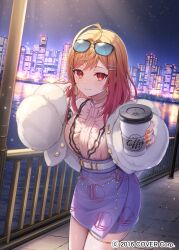 Rule 34 | 1girl, ahoge, belt, blouse, center frills, colored inner hair, commentary request, copyright notice, crossed bangs, cup, disposable cup, earrings, eyewear on head, frills, fur jacket, fuyoyo, gold choker, gradient hair, hair ornament, hairclip, hand up, hololive, hololive dev is, ichijou ririka, ichijou ririka (1st costume), incoming drink, jacket, jewelry, long hair, looking at viewer, miniskirt, multicolored hair, nail polish, night, official art, orange eyes, orange hair, orange nails, outdoors, pencil skirt, pink hair, pink shirt, purple skirt, shirt, shirt tucked in, skirt, sleeveless, sleeveless shirt, smile, solo, sunglasses, swept bangs, thighlet, virtual youtuber, white belt, white jacket