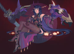1girl breasts chinese_clothes cleavage closed_mouth crossed_legs dress earrings elbow_gloves full_body gloves high_heels highres hime_cut holding holding_sword holding_weapon honkai_(series) honkai_impact_3rd horns invisible_chair jewelry katana large_breasts long_hair looking_at_viewer marina_mag pantyhose purple_background purple_dress purple_eyes purple_gloves purple_hair purple_pantyhose purple_theme raiden_mei raiden_mei_(herrscher_of_thunder) raiden_mei_(rainy_springtide) sheath sheathed sitting solo sword very_long_hair weapon