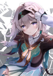 1girl arm_up black_hairband black_jacket black_thighhighs blush breasts closed_mouth dress ewoagemasull feet_out_of_frame firefly_(honkai:_star_rail) green_dress grey_hair hair_intakes hairband highres honkai:_star_rail honkai_(series) jacket large_breasts long_hair long_sleeves looking_at_viewer neckerchief orange_neckerchief pink_eyes smile solo thighhighs