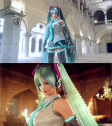 00s 1girl 3d aqua_eyes aqua_hair between_breasts breasts covered_erect_nipples female_focus hatsune_miku headphones highres incise_soul large_breasts long_hair looking_at_viewer m-rs necktie necktie_between_breasts skirt smile solo thighhighs twintails vocaloid