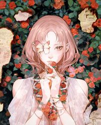 Rule 34 | 1girl, bug, butterfly, butterfly over eye, closed mouth, commentary, expressionless, flower, highres, insect, jewelry, looking at viewer, needle (zhan), original, own hands together, parted bangs, pink hair, pink lips, red eyes, red flower, ring, solo, straight-on, symbol-only commentary, upper body, watermark, weibo watermark, wolf cut
