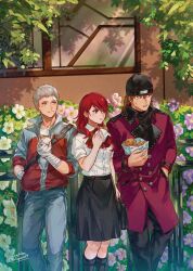 Rule 34 | 1girl, 2boys, aragaki shinjirou, bandaged arm, bandaged hand, bandages, bandaid, bandaid on face, bandaid on forehead, beanie, black boots, black pants, black skirt, boots, bow, bowtie, brown hair, closed mouth, coat, collared shirt, commentary, eating, english commentary, feet out of frame, flower, food, gekkoukan high school uniform, grey hair, grey pants, hand in pocket, hat, highres, holding, holding food, jacket, kirijou mitsuru, long hair, looking to the side, medium hair, multiple boys, outdoors, pants, parted lips, persona, persona 3, pink flower, purple coat, red bow, red bowtie, red hair, sanada akihiko, school uniform, shirt, short hair, skirt, soc nau, standing, sweatdrop, track jacket, twitter username, white flower, white shirt