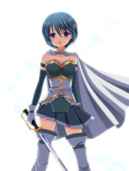 10s 1girl asazuki_kanai asymmetrical_clothes bare_shoulders blue_eyes blue_hair cape elbow_gloves female_focus gloves hair_ornament hairclip highres kanai_amachi magical_girl mahou_shoujo_madoka_magica mahou_shoujo_madoka_magica_(anime) matching_hair/eyes miki_sayaka miki_sayaka_(magical_girl) short_hair simple_background solo sword tears thighhighs weapon white_background white_gloves white_thighhighs zettai_ryouiki