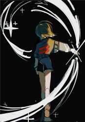 1other back black_background blue_shorts brown_hair brown_shoes double_horizontal_stripe frisk_(undertale) full_body highres kneehighs matu_(t_iyou8) other_focus red_stripes shoes short_hair shorts socks solo undertale walking white_socks