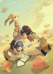3girls :3 angel_wings angeling apron arms_behind_back baby_animal bird black_footwear black_hair blonde_hair blossom_(ragnarok_online) blue_eyes blue_hair bow brown_bow brown_dress brown_eyes brown_sash chick clipboard closed_mouth cloud cup curly_sue dress dutch_angle eggshell full_body gloves highres holding holding_cup jasmine_(ragnarok_online) kafra_uniform long_hair looking_at_another looking_at_viewer looking_to_the_side maid maid_apron maid_headdress mary_janes medium_hair multiple_girls open_mouth pen picky_(ragnarok_online) ponytail poring puffy_short_sleeves puffy_sleeves ragnarok_online shoes short_sleeves signature sitting sky standing teacup tiv wariza white_apron white_gloves wings writing