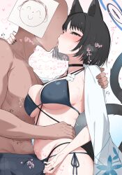 1boy 1girl animal_ears bikini black_bikini black_choker black_hair black_nails blue_archive blue_bikini breasts bulge cat_ears cat_tail choker covered_penis crotch_grab doodle_sensei_(blue_archive) erection erection_under_clothes faceless faceless_male french_kiss grey_eyes hetero highres kikyou_(blue_archive) kikyou_(swimsuit)_(blue_archive) kiss kunugi_miyaco large_breasts navel paper_on_head precum precum_through_clothes sensei_(blue_archive) short_hair stomach sweat swimsuit tail tongue tongue_out