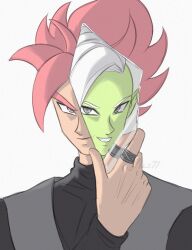 2boys black_bodysuit bodysuit colored_skin dougi dragon_ball dragon_ball_super earrings glass glass_shard goku_black green_skin grey_eyes grin highres jewelry ki_z77 long_sleeves looking_at_viewer mohawk multiple_boys pink_hair pointy_ears potara_earrings reflection reflection_focus reflective_surface ring saiyan short_hair smile spiked_hair super_saiyan super_saiyan_rose white_background white_hair zamasu