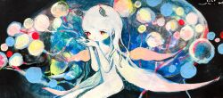 1girl absurdres arthropod_girl colored_skin cupping_hands dated hands_up highres insect_girl long_hair looking_at_viewer moth_antennae moth_girl original own_hands_together painting_(medium) red_eyes si-ku signature sitting solo traditional_media white_hair white_skin wings