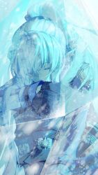 1boy baiye_renxing black_boots black_gloves black_pants blue_jacket blue_theme boots closed_eyes dungeon_and_fighter feet_out_of_frame frozen glacial_master_(dungeon_and_fighter) gloves highres ice jacket knees_to_chest long_hair male_focus male_mage_(dungeon_and_fighter) pants ponytail snow solo white_hair