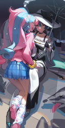 Rule 34 | 2girls, absurdres, black bow, black choker, black gloves, black umbrella, blue hair, blue skirt, blush, bow, butyou (mika1412), choker, closed mouth, collarbone, dark miku (project voltage), earrings, fairy miku (project voltage), gen 8 pokemon, gloves, hair between eyes, hair ornament, hat, hat bow, hatsune miku, highres, holding, holding umbrella, jewelry, leg warmers, long hair, long sleeves, looking at viewer, microphone, multicolored hair, multiple girls, nintendo, number tattoo, obstagoon, official alternate costume, official alternate hairstyle, open mouth, pink eyes, pink hair, pink nails, pink shoes, plaid clothes, plaid skirt, pokemon, project voltage, shoes, skirt, smile, tattoo, twintails, umbrella, very long hair, vocaloid, white hat, white leg warmers, wide sleeves, x eye