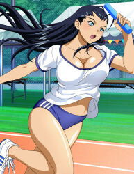 1girl antenna_hair black_hair blue_buruma blue_eyes bouncing_breasts breasts buruma cleavage collarbone day floating_hair gym_uniform holding ikkitousen kakouen_myousai large_breasts leg_up long_hair midriff navel open_mouth outdoors running shiny_skin shirt shoes short_sleeves sneakers solo sportswear stomach straight_hair very_long_hair white_shirt white_shoes