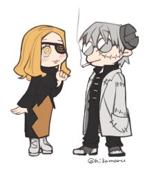 1boy 1girl black_pants black_shirt black_skirt blonde_hair chibi chibi_only coat eyepatch franken_stein_(soul_eater) glasses grey_hair highres hissiu lab_coat long_hair long_skirt long_sleeves looking_up marie_mjolnir pants parted_bangs round_eyewear shirt shoes short_hair simple_background skirt smile smoking soul_eater standing stitched_face stitches white_background white_coat yellow_eyes