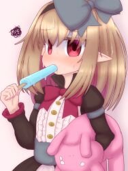 Rule 34 | absurdres, annoyed, black hairband, black ribbon, blonde hair, dark feather alma, eating, emil chronicle online, food, hair ribbon, hairband, highres, holding, holding stuffed toy, pointy ears, popsicle, red eyes, red ribbon, ribbon, rna0, simple background, stuffed toy, upper body