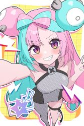 1girl blue_hair boots bow-shaped_hair breasts character_hair_ornament fake_hair_bun from_above grey_boots grey_pantyhose hair_ornament halter_shirt halterneck hexagon_print highres iono_(pokemon) long_hair low-tied_long_hair medium_breasts multicolored_hair nintendo odorukaminoke pantyhose pink_hair pokemon pokemon_sv sharp_teeth single_leg_pantyhose smile solo split-color_hair teeth x