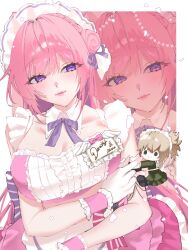 alternate_costume border breasts character_doll character_name cleavage detached_collar dorothy_(nikke) dress enmaided flower-shaped_hair frilled_dress frilled_sleeves frills goddess_of_victory:_nikke highres large_breasts light_blush long_hair maid maid_headdress name_tag official_alternate_costume outside_border pink_dress pink_hair pink_lips pinne_(nikke) purple_eyes purple_ribbon ribbon sakael sidelocks upper_body white_border wrist_cuffs zoom_layer