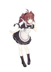 1girl absurdres ahoge bandaged_tail black_boots black_bow black_choker boots bow cat_tail choker commentary_request drill_hair facing_viewer fang flat_chest hair_ribbon hand_on_own_cheek hand_on_own_face hand_up heterochromia highres leaning_forward looking_at_viewer maid original pink_nails red_hair ribbon riuichi short_sleeves sidelocks simple_background skin_fang skirt smug solo spiked_ear_piercing standing tail white_background