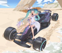 absurdres aqua_eyes aqua_hair beach blue_sky car covered_navel criss-cross_halter goodsmile_racing halterneck hat hatsune_miku highres large_hat leotard lighthouse motor_vehicle open_mouth race_vehicle racecar shore sky sun_hat twintails v white_leotard yuutsu06