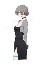 1girl alternate_costume alternate_hairstyle bag black_choker black_dress breasts brown_bag choker cleavage closed_mouth collarbone cropped_jacket cropped_legs dress earrings feint721 grey_jacket handbag highres holding holding_bag honkai:_star_rail honkai_(series) jacket jewelry long_sleeves looking_at_viewer medium_breasts pantyhose short_hair side_slit simple_background solo stelle_(honkai:_star_rail) trailblazer_(honkai:_star_rail) white_background yellow_eyes