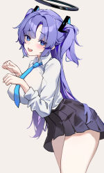 1girl absurdres black_halo black_skirt blue_archive blue_eyes blue_hair blue_necktie blush breasts commentary halo highres large_breasts long_hair long_sleeves looking_at_viewer miniskirt necktie open_mouth parted_bangs paw_pose pleated_skirt sakanafish shirt simple_background skirt solo symbol-only_commentary teeth thighs two_side_up upper_teeth_only white_background white_shirt yuuka_(blue_archive)