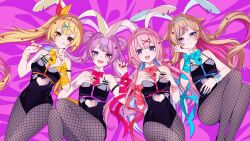 4girls :p absurdres black_leotard blonde_hair blue_eyes blue_nails bow bowtie card clothing_cutout cuffs cutout_above_navel detached_collar double_bun fishnet_pantyhose fishnets hair_bun hair_ornament hairband handcuffs heart_cutout heterochromia highres himehina_channel hoshikawa_sara leotard long_hair multicolored_hair multiple_girls nail_polish nijisanji object_in_bra pantyhose pink_eyes pink_hair pink_nails playboy_bunny playing_card purple_eyes rabbit_hole_(vocaloid) red_eyes red_nails ribbon side_ponytail smile streaked_hair suo_sango suzuki_hina tanaka_hime tongue tongue_out two-tone_hair virtual_youtuber x_hair_ornament yanagida_shiina yellow_eyes