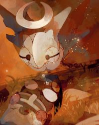 animal_focus bug commentary_request crying gen_3_pokemon grass halo lil looking_down ninjask nintendo no_humans outdoors pokemon pokemon_(creature) shedinja tears