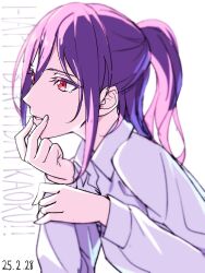 1girl absurdres bang_dream! blush character_name commentary dated happy_birthday highres long_hair nobusawa_osamu open_mouth ponytail purple_hair red_eyes seta_kaoru shirt simple_background solo upper_body white_background white_shirt
