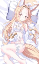 1girl absurdres animal_ear_fluff animal_ears blonde_hair blue_archive blush bra cross_halo ear_wreath extra_ears forehead fox_ears fox_girl fox_tail frilled_thigh_strap gradient_eyes halo highres itami_riya long_hair long_sleeves looking_at_viewer lying multicolored_eyes navel on_back panties pillow seia_(blue_archive) sleeve_bow sleeves_past_wrists solo tail thigh_strap underwear very_long_hair white_bra white_panties yellow_halo