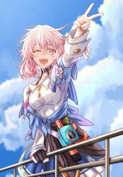 Rule 34 | 1girl, acorn, archery shooting glove, arm up, badge, black choker, black gloves, black overskirt, blue eyes, blue jacket, blue skirt, blue sky, bra strap, breasts, button badge, buttons, camera, choker, closed eyes, cloud, cloudy sky, commentary, cowboy shot, earrings, gloves, gradient clothes, gradient jacket, heidianzashipu, highres, honkai: star rail, honkai (series), jacket, jewelry, long sleeves, march 7th (honkai: star rail), march 7th (preservation) (honkai: star rail), medium breasts, medium hair, miniskirt, multicolored eyes, off-shoulder jacket, off shoulder, overskirt, partially fingerless gloves, pink eyes, pink hair, pink jacket, pink pupils, pleated skirt, shirt, single earring, single glove, skirt, sky, smile, solo, symbol-only commentary, tied jacket, two-tone eyes, underbust, v, white shirt