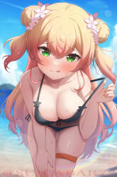1girl :3 :q alternate_costume beach bent_over bikini black_bikini blonde_hair blue_sky blurry blurry_background blush breasts cleavage commentary_request cowboy_shot crossed_ankles day double-parted_bangs double_bun flower front-tie_bikini_top front-tie_top gradient_hair green_eyes hair_between_eyes hair_bun hair_flower hair_ornament hand_on_own_knee highres hololive large_breasts long_hair looking_at_viewer momosuzu_nene multicolored_hair navel outdoors pink_hair side-tie_bikini_bottom side_up_bun sidelocks sky solo stomach straight-on strap_lift suicabar72 swimsuit thigh_strap tongue tongue_out two_side_up virtual_youtuber wet