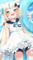 Rule 34 | 1girl, absurdres, animal ear fluff, animal ears, blonde hair, blue eyes, blue hair, blue nails, blue sky, blush, cat ears, cloud, dress, fang, fins, fish girl, fish tail, highres, holding, holding swim ring, indie virtual youtuber, innertube, lattemeowcatto, long hair, looking at viewer, low twintails, multicolored hair, nail polish, open mouth, sameko saba, short shorts, shorts, skin fang, sky, sleeveless, sleeveless dress, smile, solo, streaked hair, swim ring, tail, twintails, very long hair, virtual youtuber, white dress, white shorts