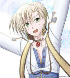 1boy arch_bishop_(ragnarok_online) arms_up black_choker blonde_hair blue_background blue_coat choker coat commentary_request cropped_jacket cross cross_choker cross_of_prontera dated dated_commentary earrings green_eyes jacket jewelry long_sleeves looking_at_viewer lowres male_focus open_mouth ragnarok_online sharari short_hair smile solo upper_body v-shaped_eyebrows white_jacket