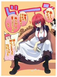 ahoge apron black_boots black_dress black_hair blue_eyes boots breasts can dress hisui_(tsukihime) kohaku_(tsukihime) maid maid_headdress medium_breasts red_hair shirt sitting sitting_on_object sleeves_rolled_up solo_focus speech_bubble tohno_akiha tsukihime white_shirt